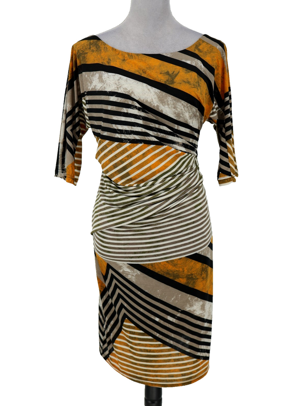 Nicole Benisti Dress Womens 10 Orange Black Stripe Stretch Knit Bodycon New